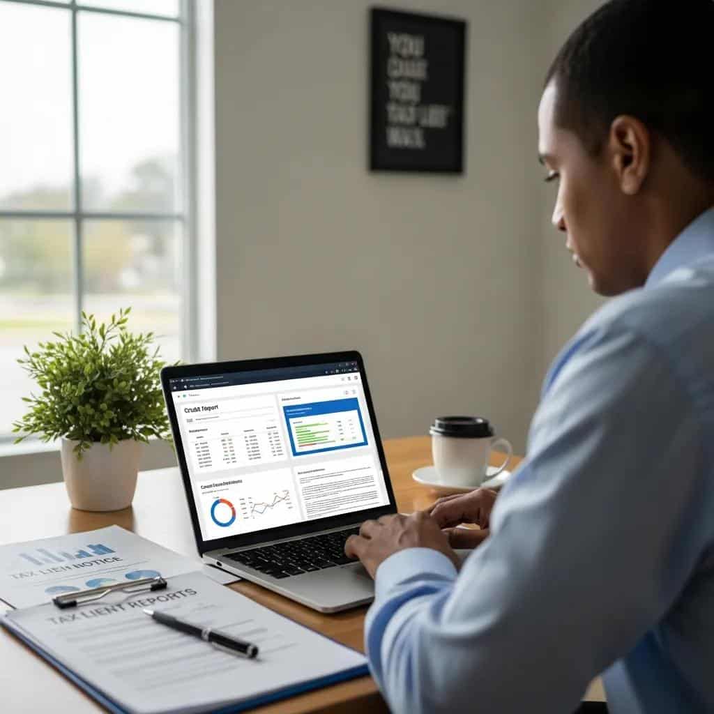 Credit repair specialist working on tax lien issues in a modern office