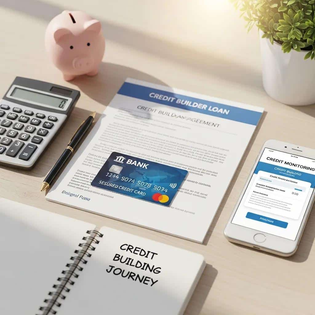 Display of credit builder tools like secured credit cards and loans, showcasing options for improving credit profiles