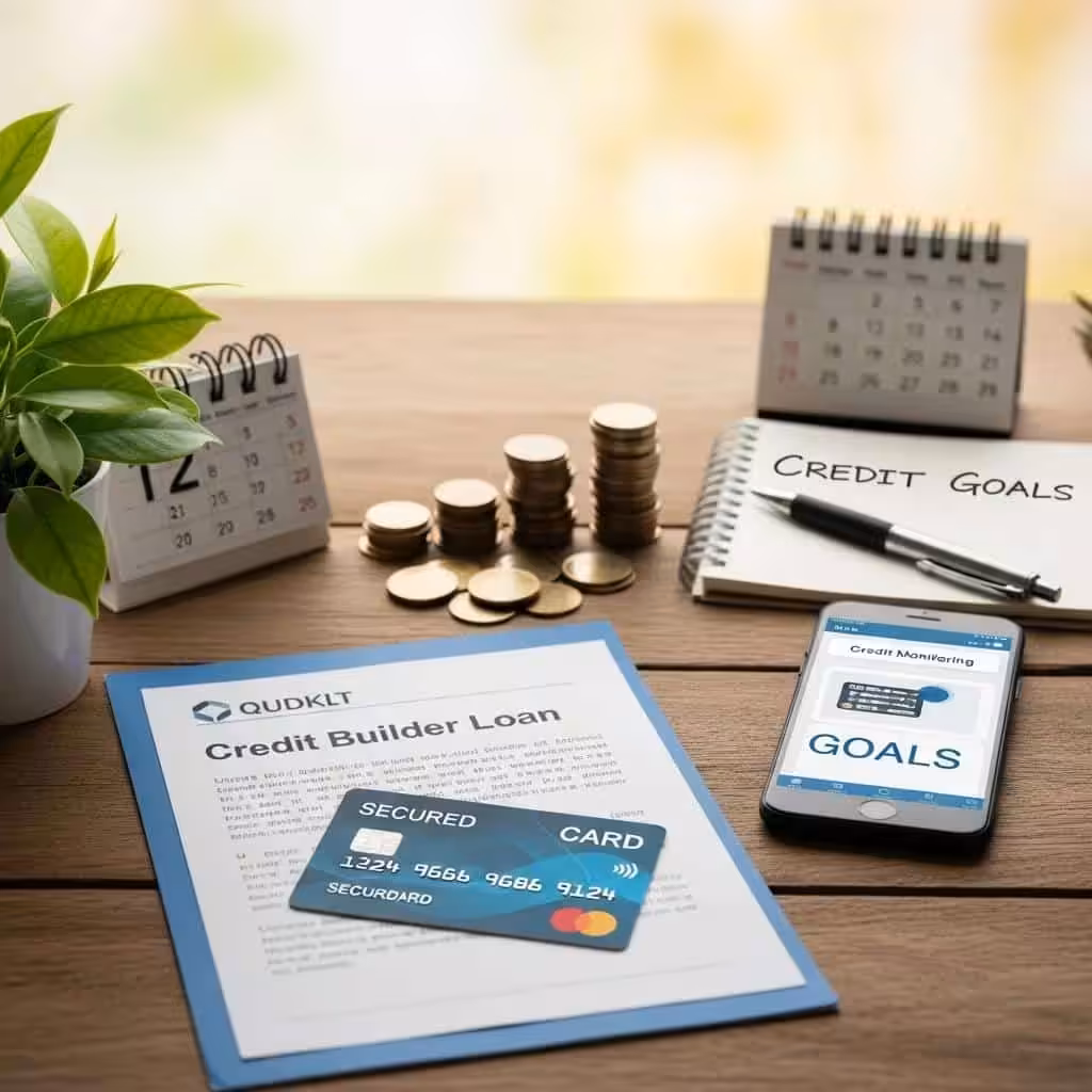 Display of credit-building tools like secured credit cards and loans on a wooden table