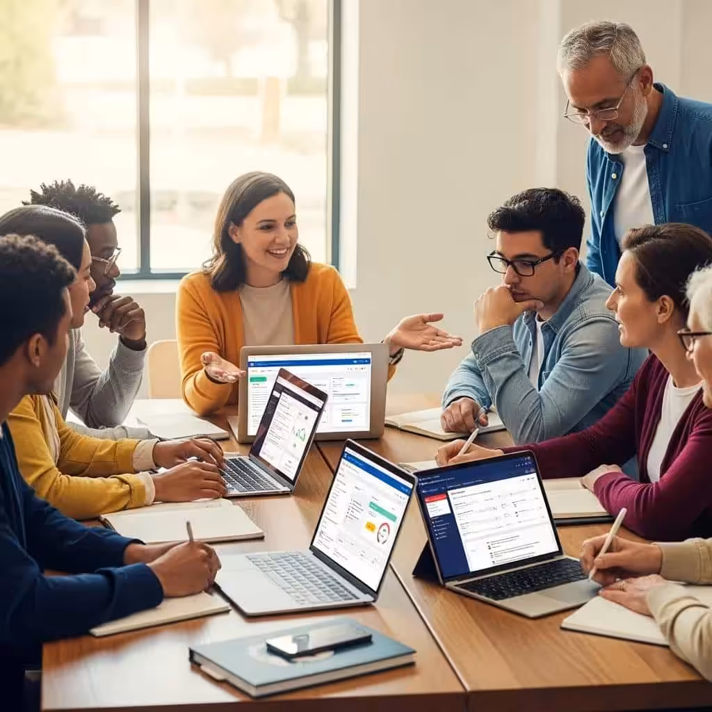 Diverse group discussing credit monitoring services, showcasing community support in financial education
