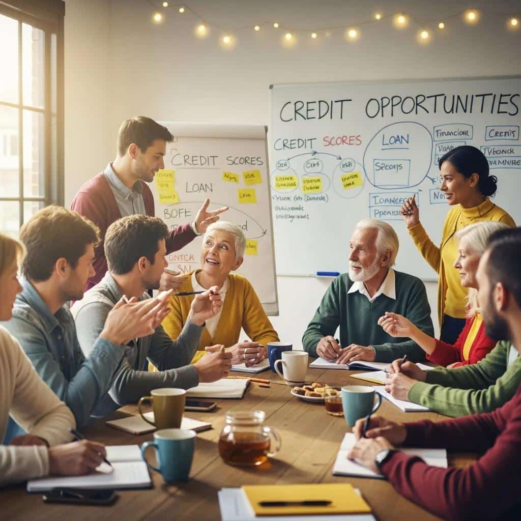 Diverse group discussing credit opportunities in a community setting