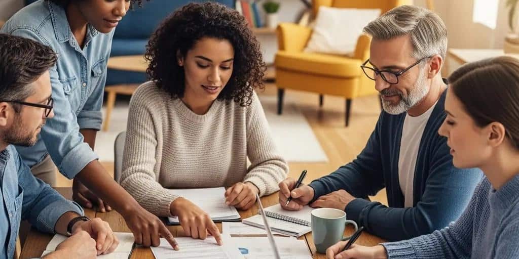 Diverse group discussing credit repair in a cozy home environment