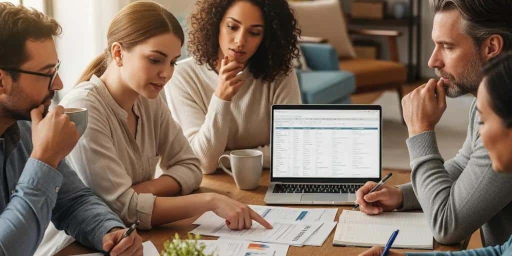 Diverse group discussing credit repair in a cozy home environment