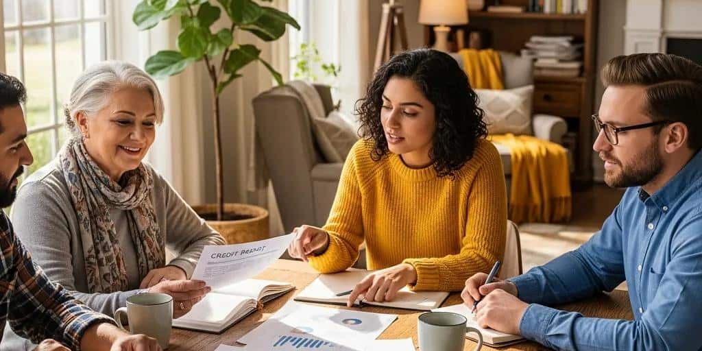 Diverse group discussing credit repair in a cozy home environment