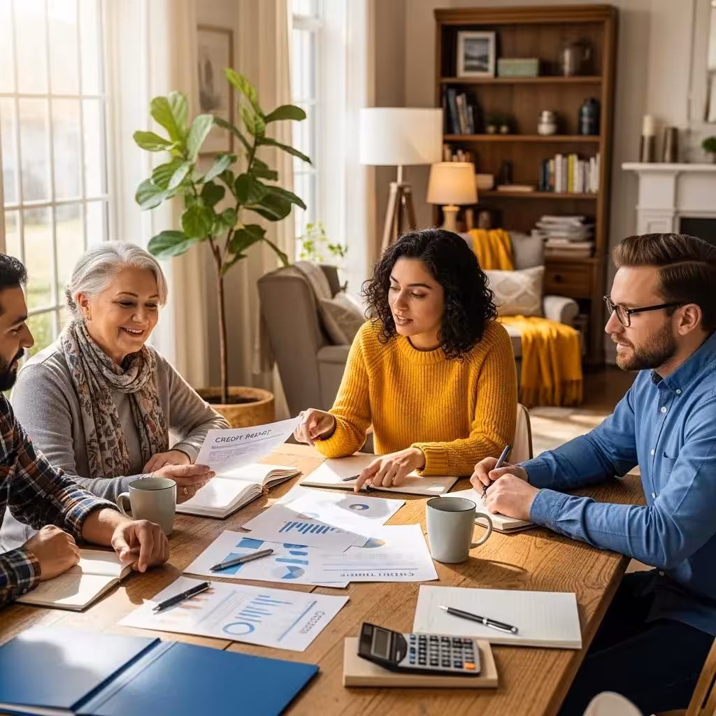 Diverse group discussing credit repair in a cozy home environment