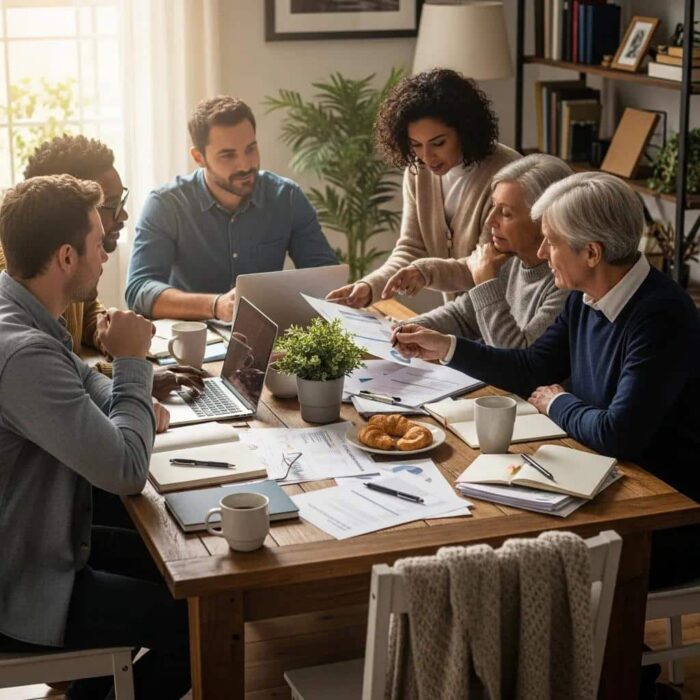 Diverse group discussing credit repair in a cozy home setting