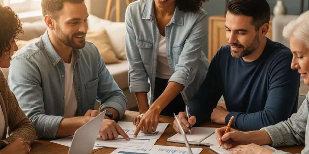 Diverse group discussing credit repair in a cozy home setting