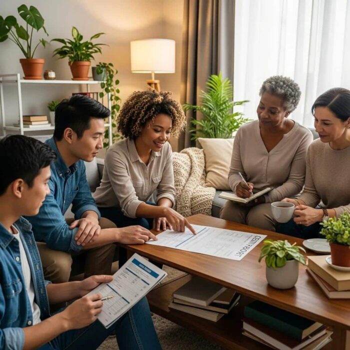Diverse group discussing credit repair in a cozy living room