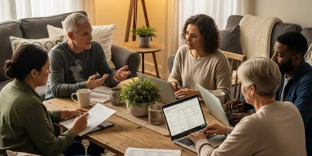 Diverse group discussing credit repair in a cozy setting, emphasizing community support