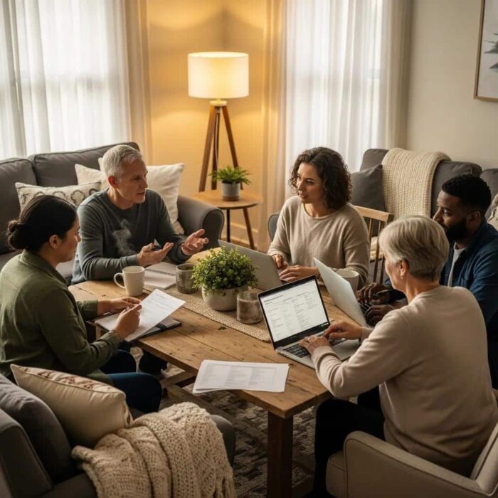 Diverse group discussing credit repair in a cozy setting, emphasizing community support