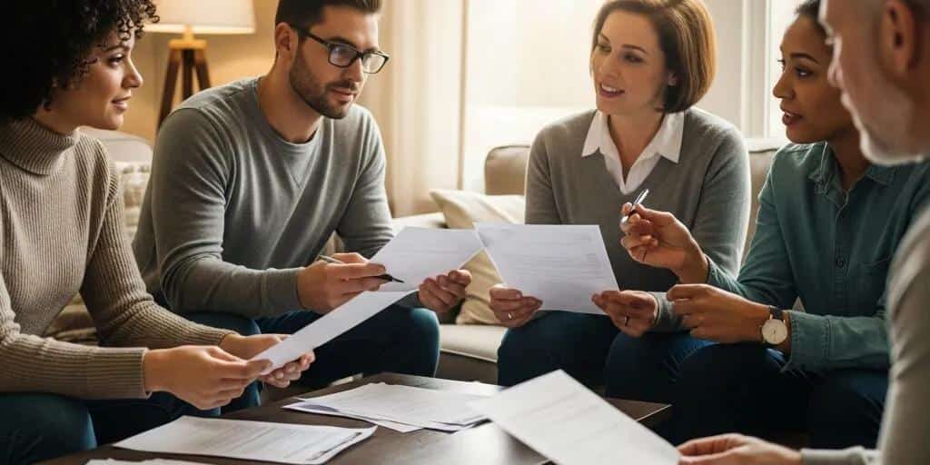 Diverse group discussing credit repair strategies in a cozy living room
