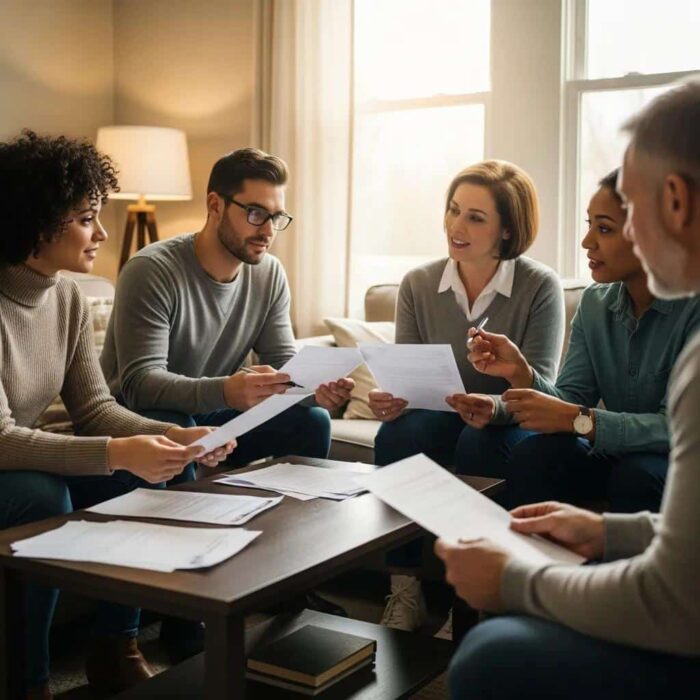Diverse group discussing credit repair strategies in a cozy living room