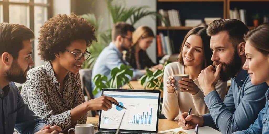 Diverse group discussing finance in a cozy setting with laptops and documents