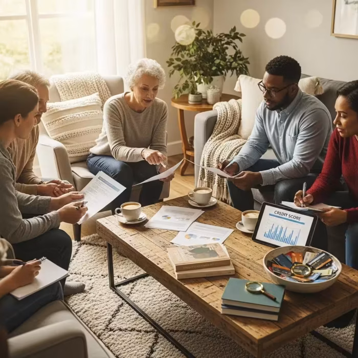Diverse group discussing financial documents in a cozy living room, emphasizing community support in credit opportunities