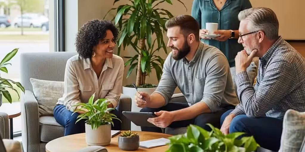 Diverse Group Discussing Financial Services At A Texas Credit Union Highlighting Community And Support 90ae633b 97c9 4ebb 9354 2fe11a702c16 1 Diverse group discussing financial services at a Texas credit union, highlighting community and support