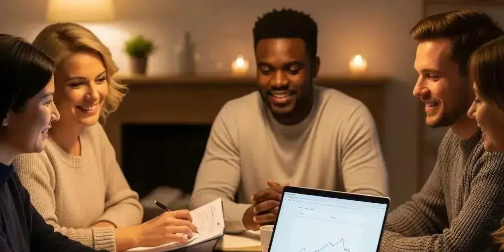 Diverse group discussing personal finance in a cozy setting