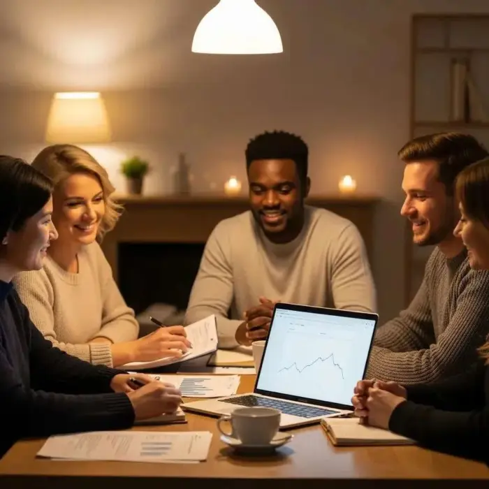 Diverse group discussing personal finance in a cozy setting