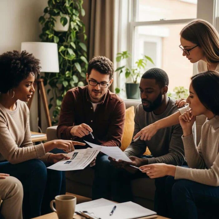 Diverse group discussing Texas credit repair regulations in a cozy office setting