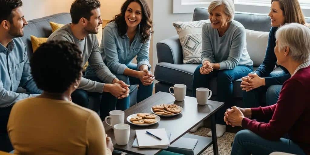Diverse group of happy individuals sharing credit repair success stories in a cozy living room
