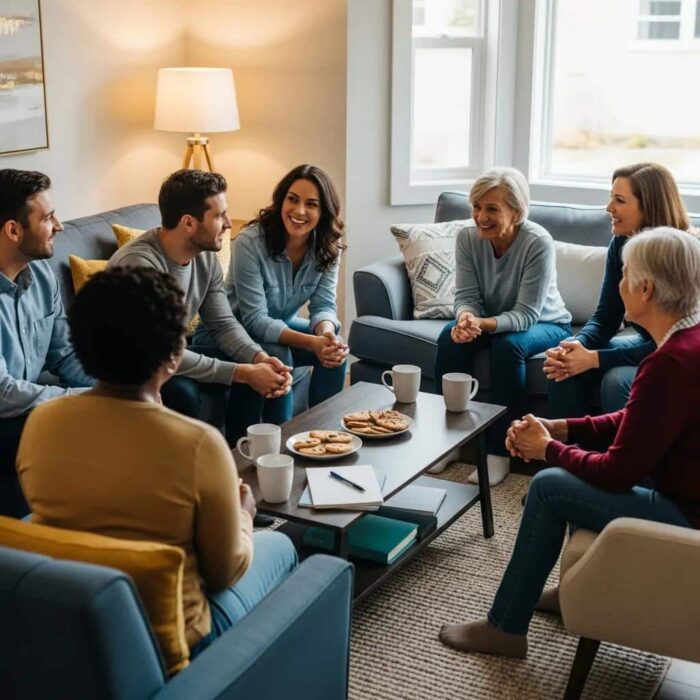 Diverse group of happy individuals sharing credit repair success stories in a cozy living room