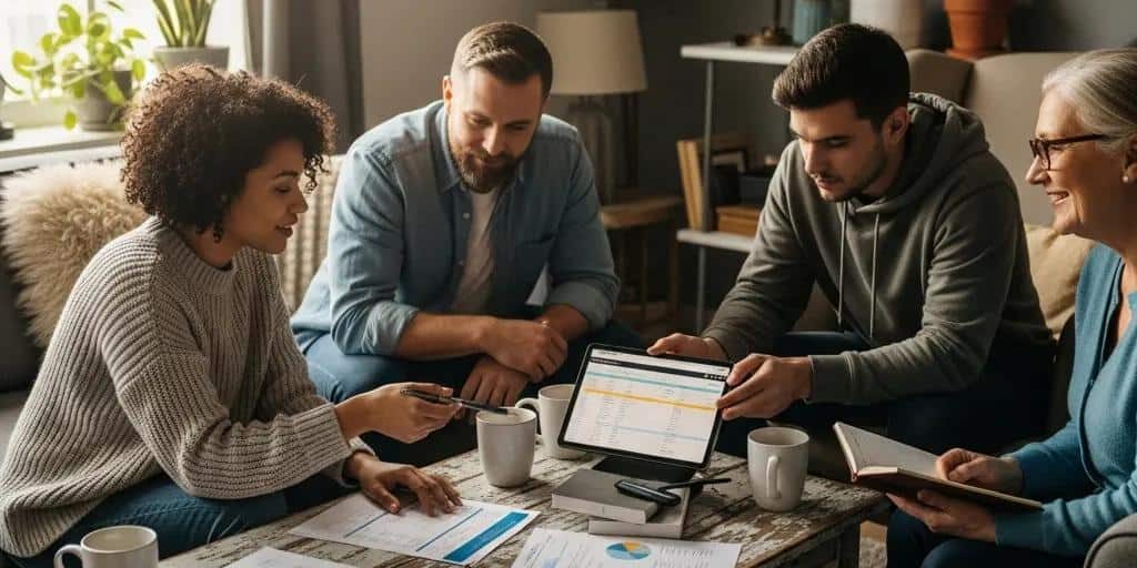 Diverse individuals discussing credit repair in a cozy living room