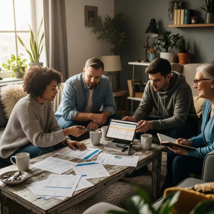 Diverse individuals discussing credit repair in a cozy living room