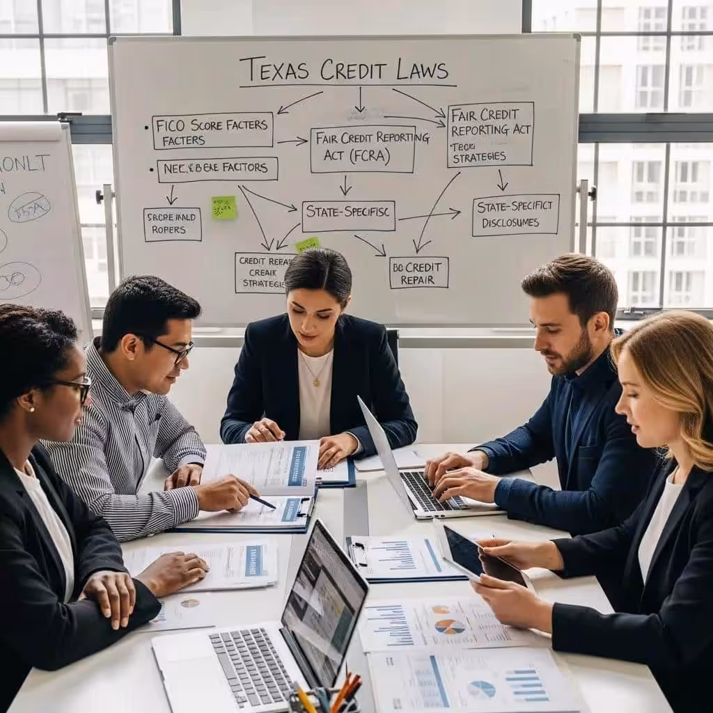 Diverse professionals collaborating on credit reports and Texas compliance in a meeting room