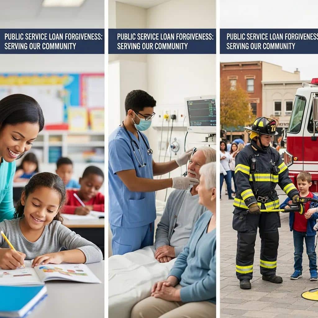 Diverse public service professionals including a teacher, nurse, and firefighter, representing public service loan forgiveness