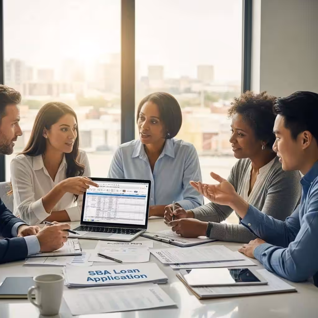 Diverse small business owners discussing financing options for SBA loans