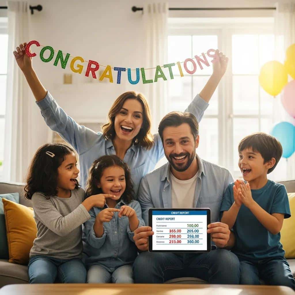 Family celebrating improved credit scores in a joyful living room