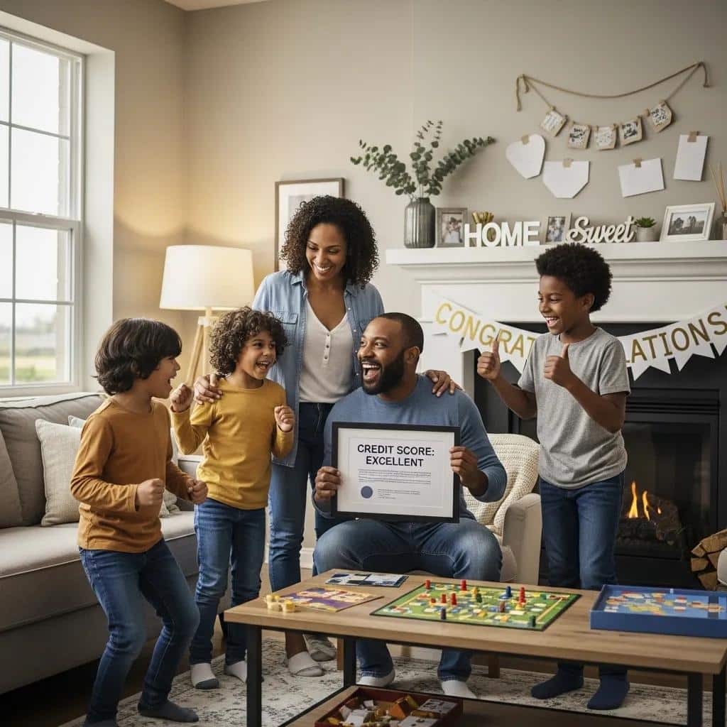 Family celebrating success after credit repair in a cozy living room