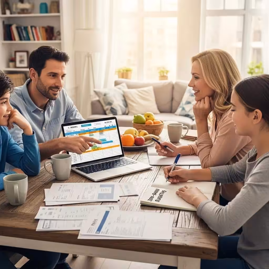 Family discussing budgeting at a dining table, highlighting the advantages of zero-based budgeting for personal finance