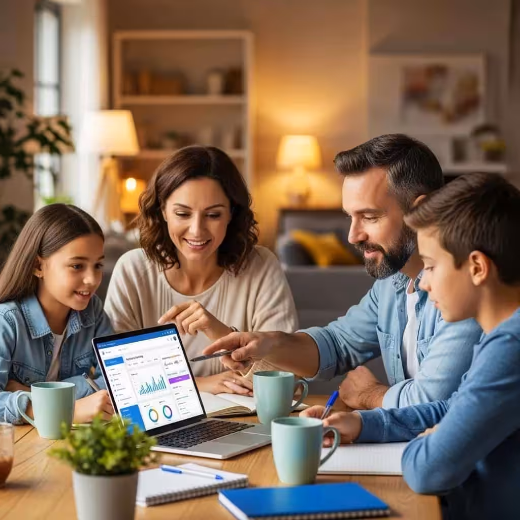 Family discussing budgeting plans with a laptop, showcasing beginner-friendly apps