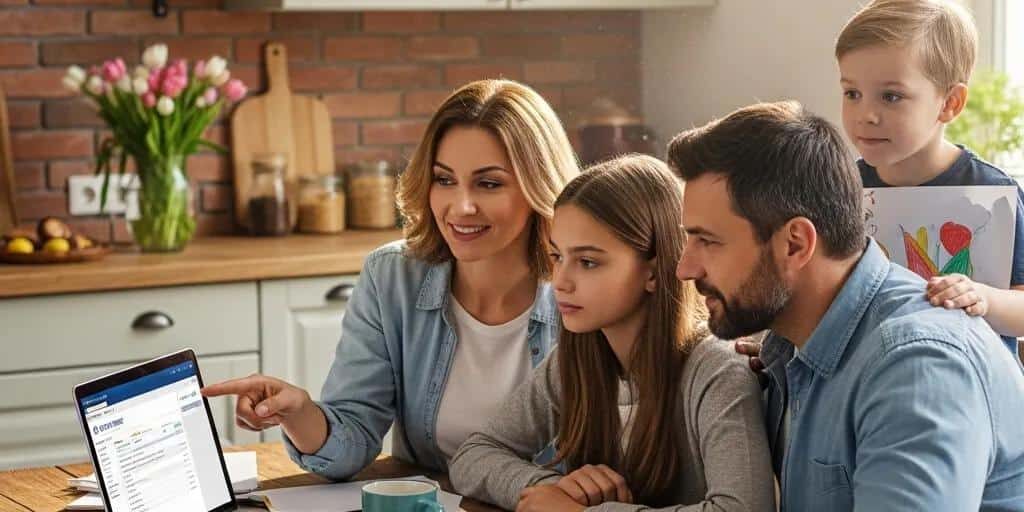 Family discussing credit repair services at a kitchen table