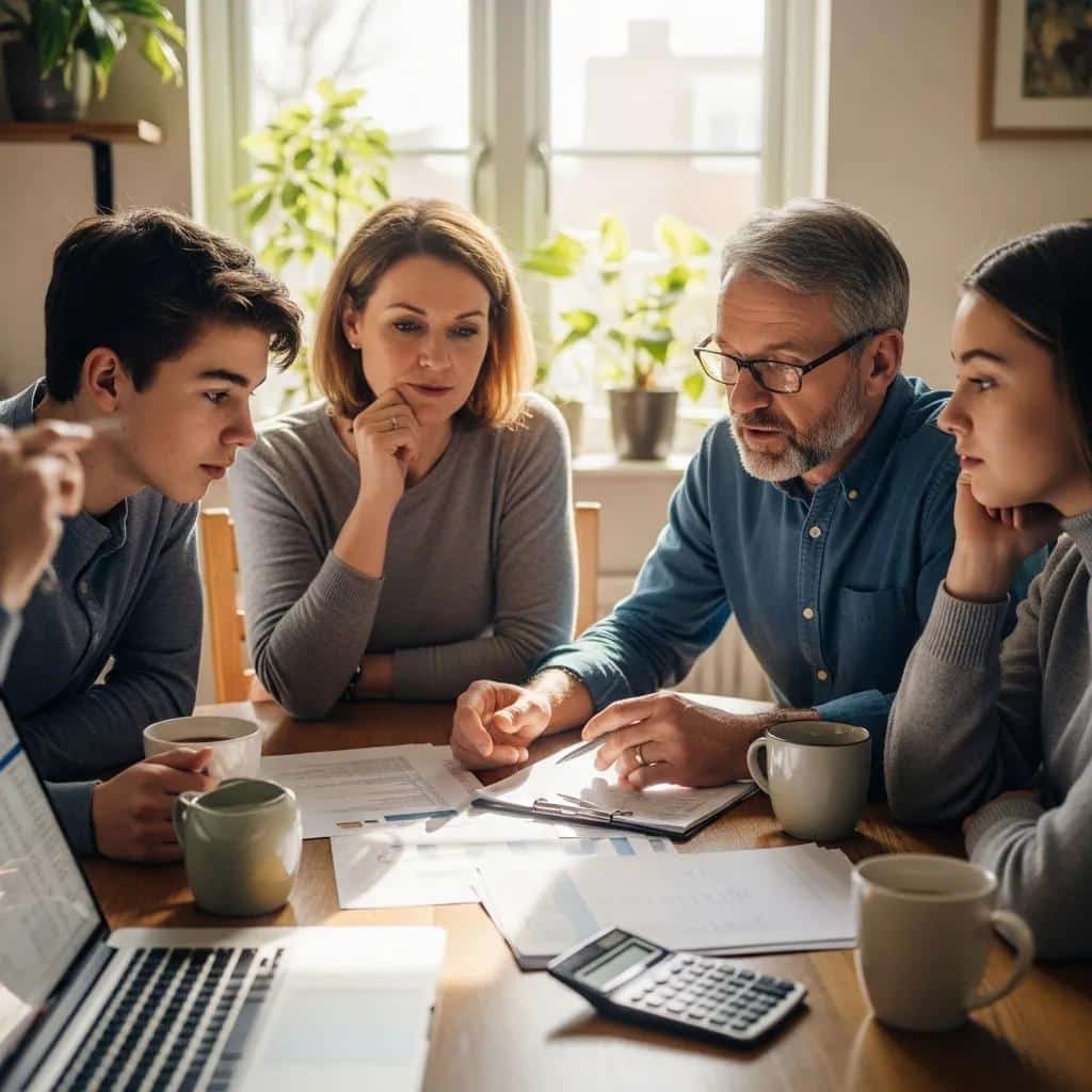 Family discussing finances at a kitchen table, illustrating income-driven repayment plans for student loans