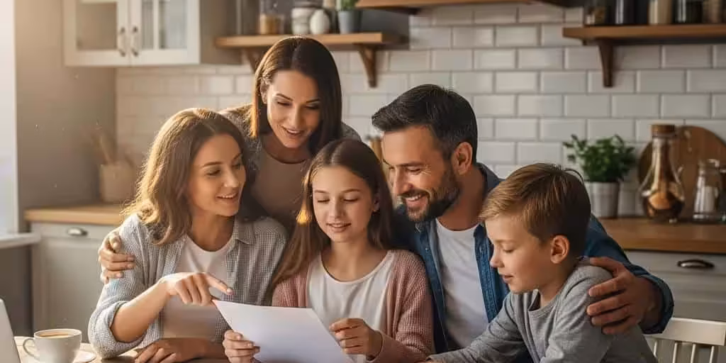 Family discussing financial health at a kitchen table, symbolizing credit repair and improvement
