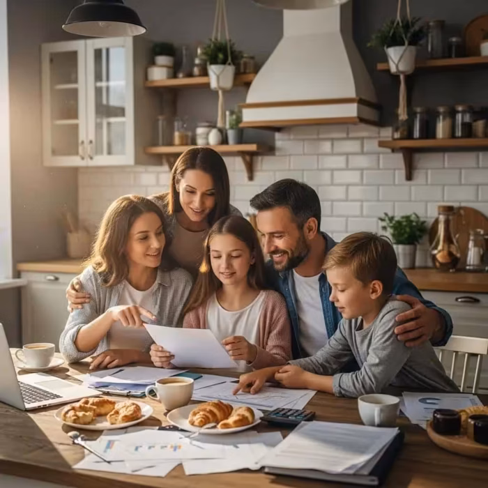 Family discussing financial health at a kitchen table, symbolizing credit repair and improvement