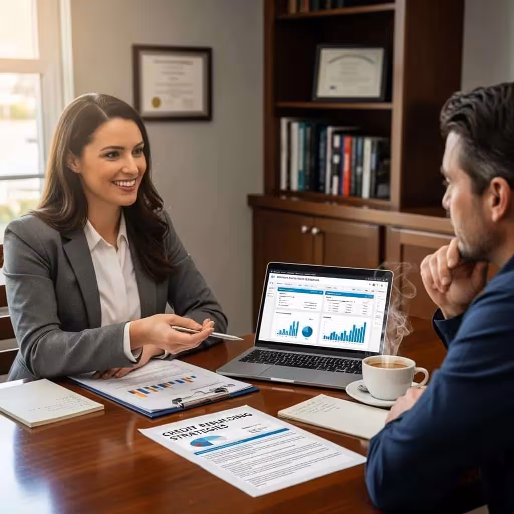 Financial advisor discussing personalized credit rebuilding strategies with a client, highlighting tailored support for credit improvement