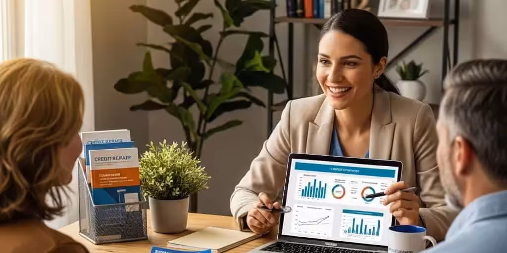 Friendly financial advisor discussing credit repair with a couple in a cozy office setting