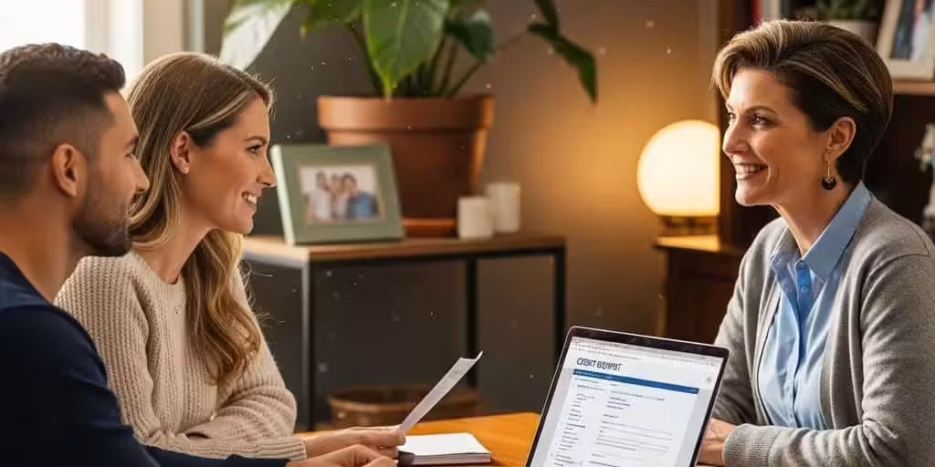 Friendly financial advisor discussing credit repair with a couple in a cozy office setting
