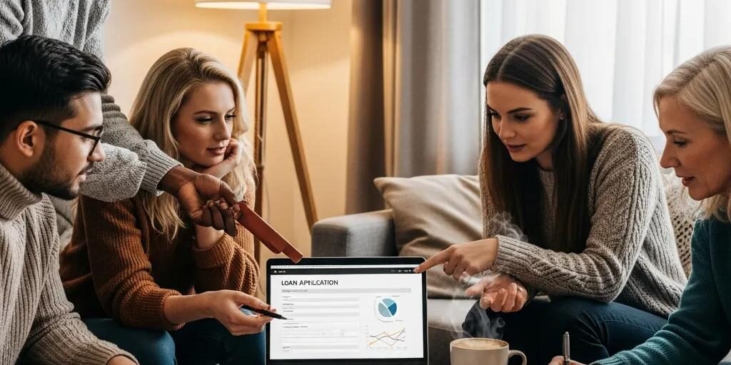 Group discussing auto loans in a cozy living room, emphasizing credit improvement