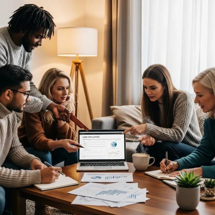 Group discussing auto loans in a cozy living room, emphasizing credit improvement