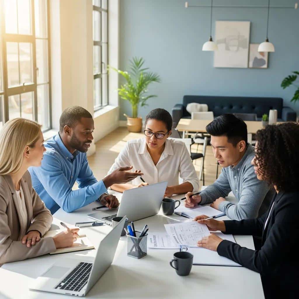 Group discussing credit repair services in a modern office setting