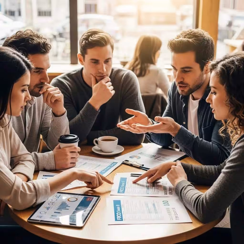 Group discussing financial documents, highlighting common FICO score versions