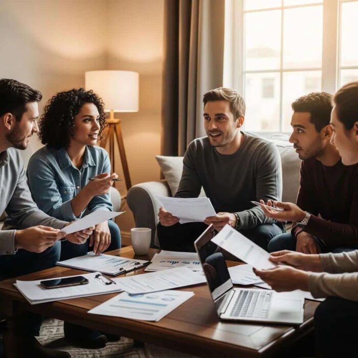 Group discussing tax lien removal services in a cozy living room