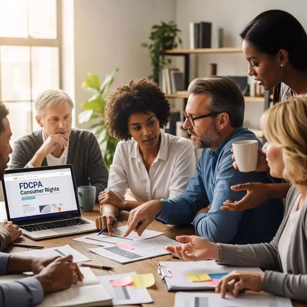 Group discussion on consumer rights under FDCPA, highlighting community support and empowerment