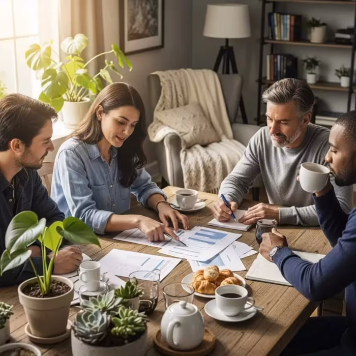 Group of diverse individuals discussing credit repair in a cozy home environment