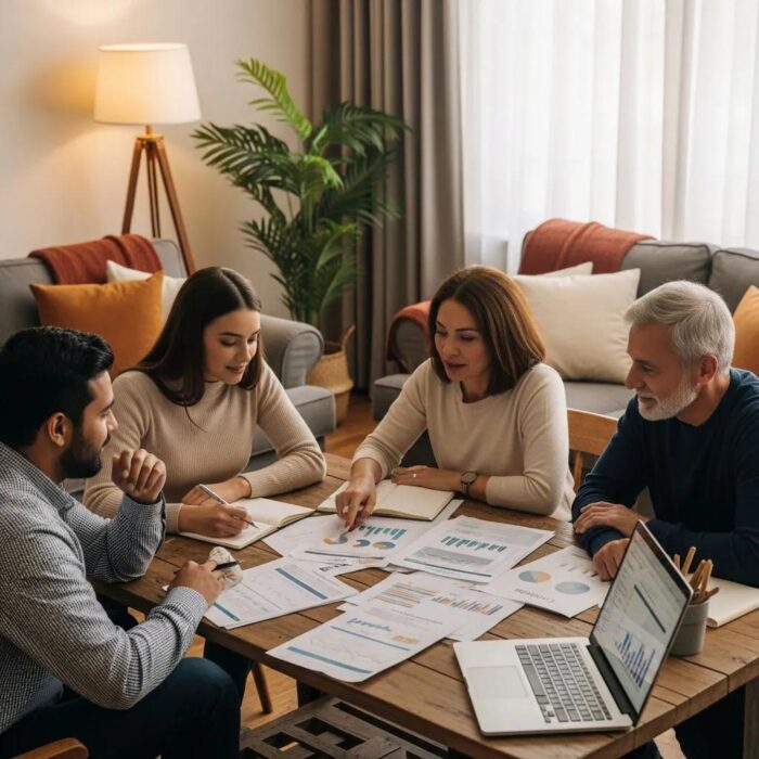 Group of diverse individuals discussing credit repair in a cozy setting