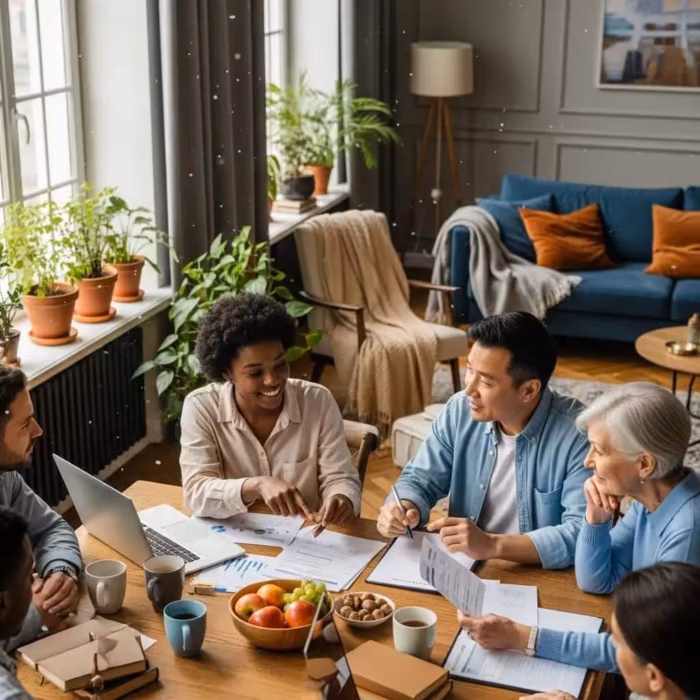 Group of diverse individuals discussing credit repair services in a cozy home environment