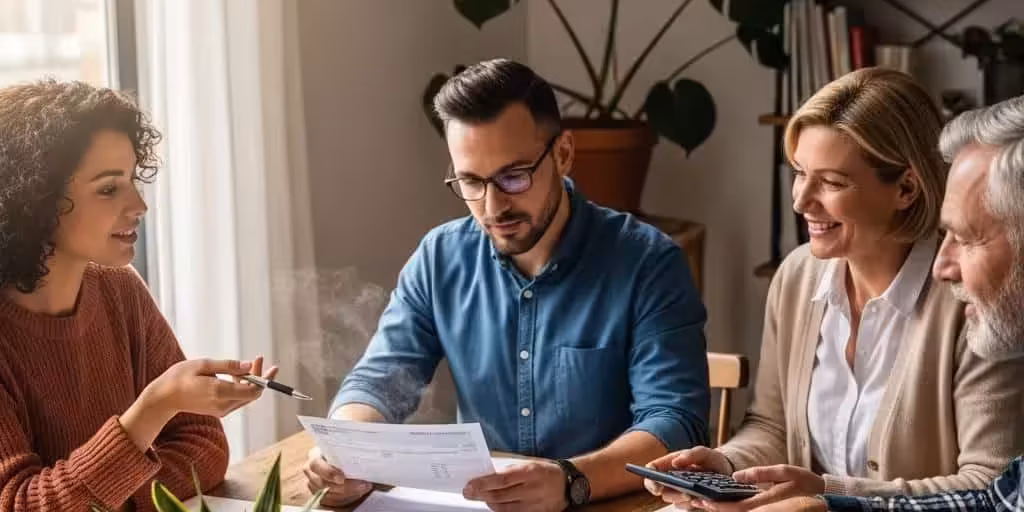 Group of diverse individuals discussing credit repair services in a cozy home environment